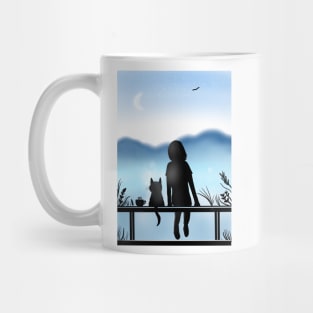 Blue peace - A girl and her cat calmly watching the sky Mug